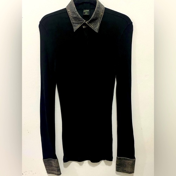JEAN PAUL GAULTIER HOMME Sheer Black Slim Shirt Zipper Leather Collar/Cuffs S - Picture 4 of 13
